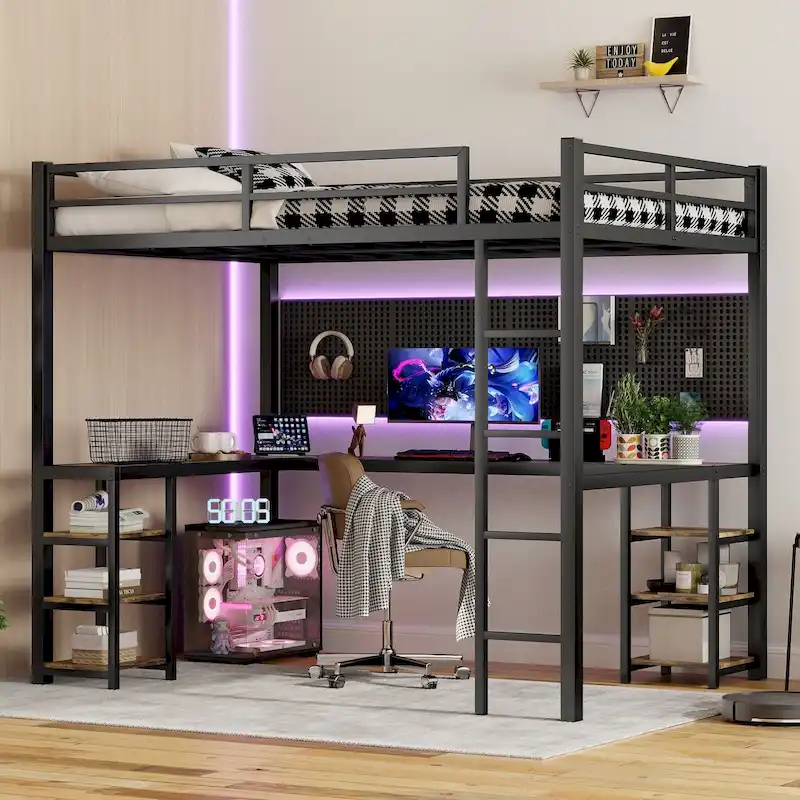 Black Full XL Size Metal Size Loft Bed with Desk and Shelves, Loft Bed with Ladder and Guardrails, Loft Bed Frame for Bedroom