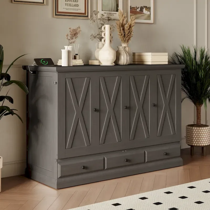 Solid Pine Wood Murphy Bed Chest Cube Cabinet Bed with Charging Station and Large Storage Drawer