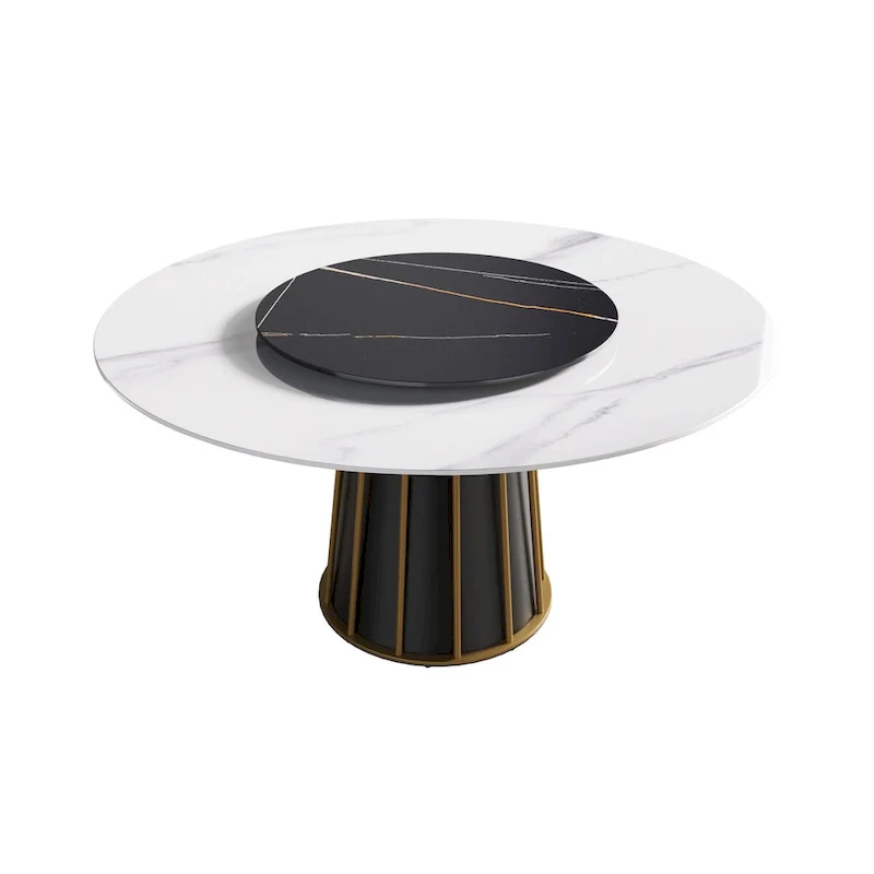 59 White Round Dining Table with Lazy Susan, Sintered Stone Tabletop - N/A