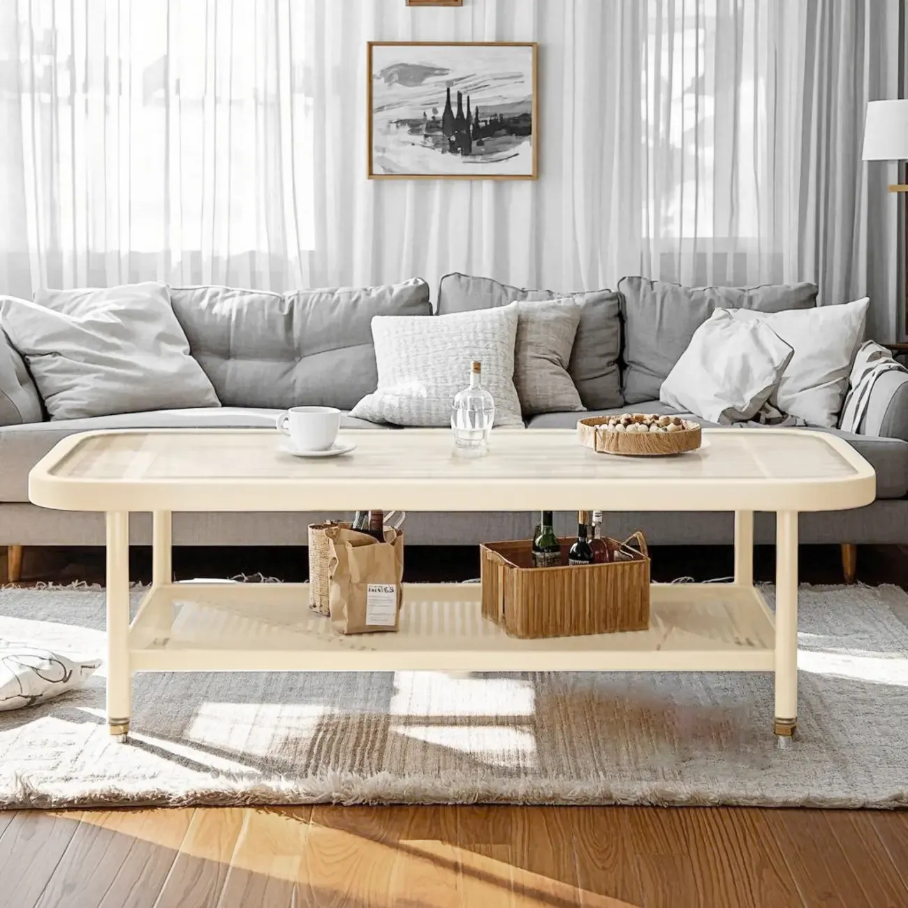 2-Tier Modern Cream Rectangle Glass Coffee Table