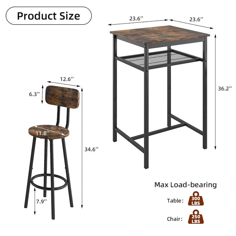 3-Piece Bar Table Set with Metal Shelf,Small Pub Table Set,Dining Set