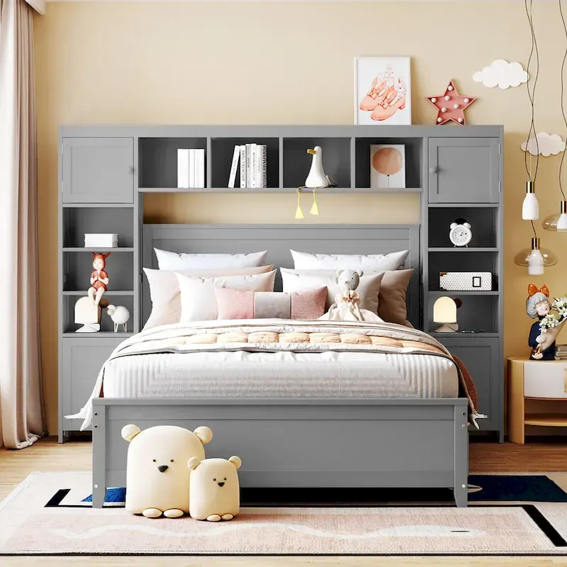 Grey Wooden Full Size Bed With Integrated Storage Cabinet, Shelf, and Drawers, USB Ports