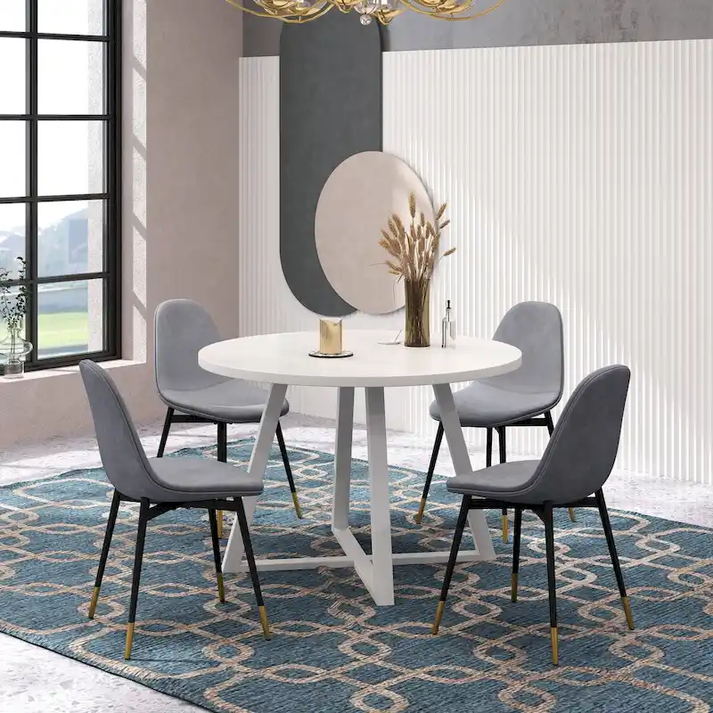 Roundhill Furniture Evatt 5-Piece Round Dining Set, Trestle Round Table with 4 Stylish Chairs