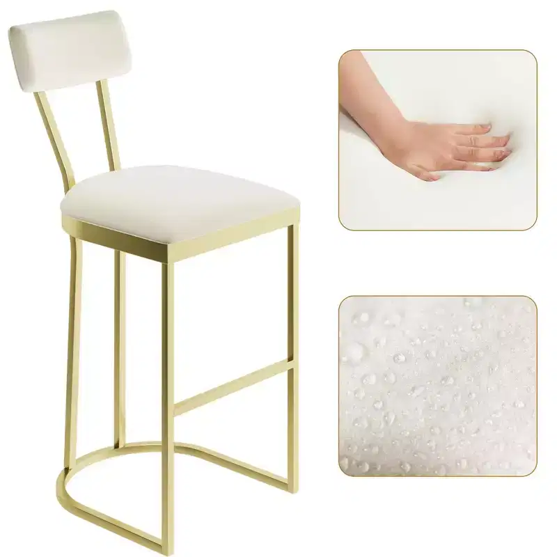 Bar Stools Set of 4, High Back Counter Height Bar Stools with White Velvet Upholstery & Gold Metal Legs, Soft Padded Kitchen Island Stools, Bar Chairs