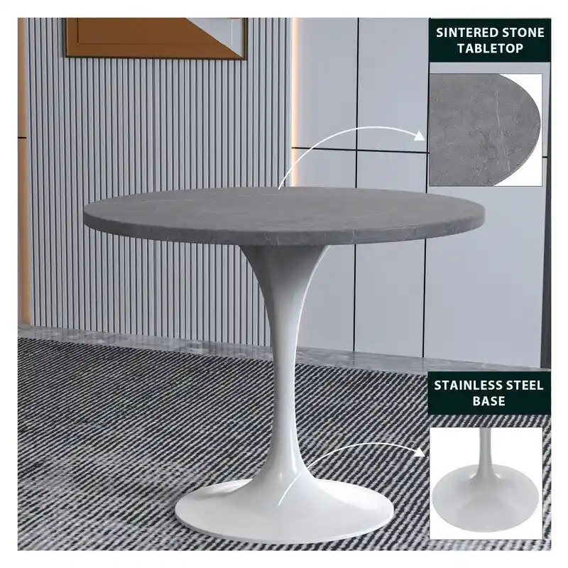 Verve Dining Table with a 36  Round Tabletop in White Steel Pedestal