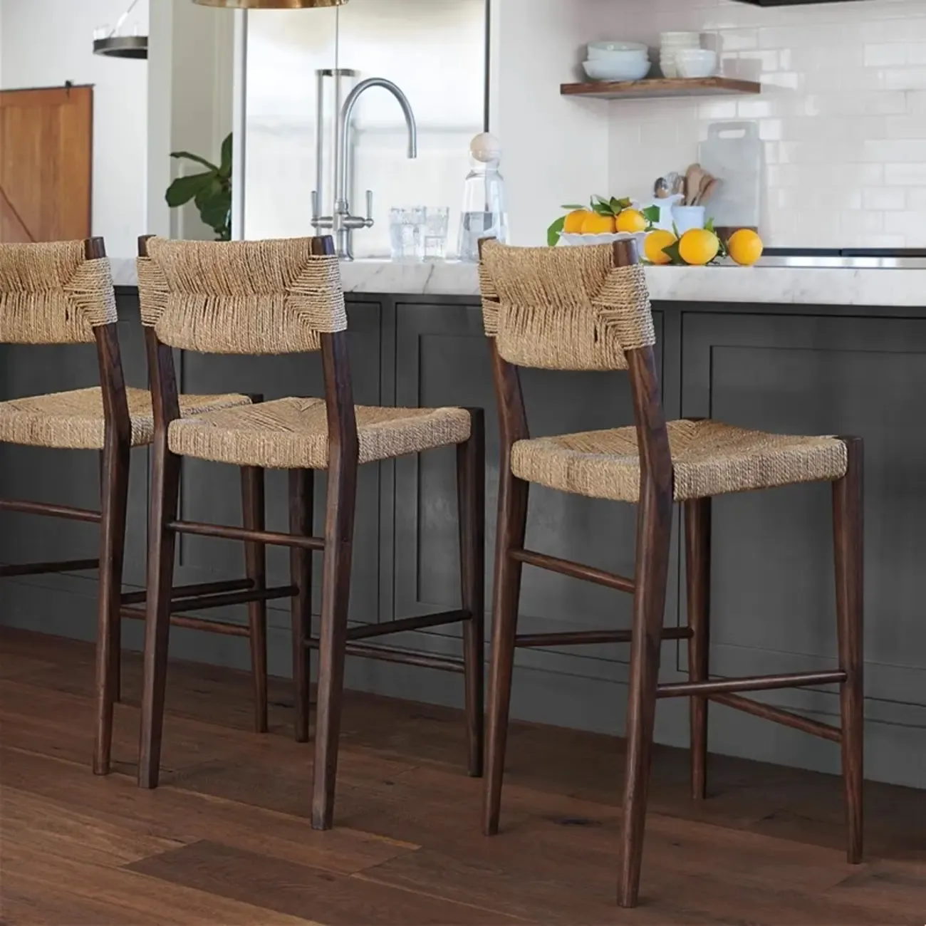 Rustic Wooden Bar Stools with Woven Seat for Kitchen