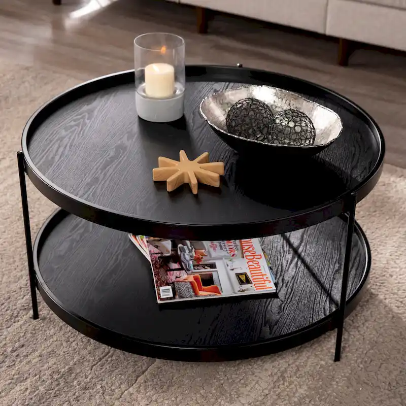 SEI Furniture Vaquero Mid Century Modern Round Wood Grain Two Tier Coffee Table