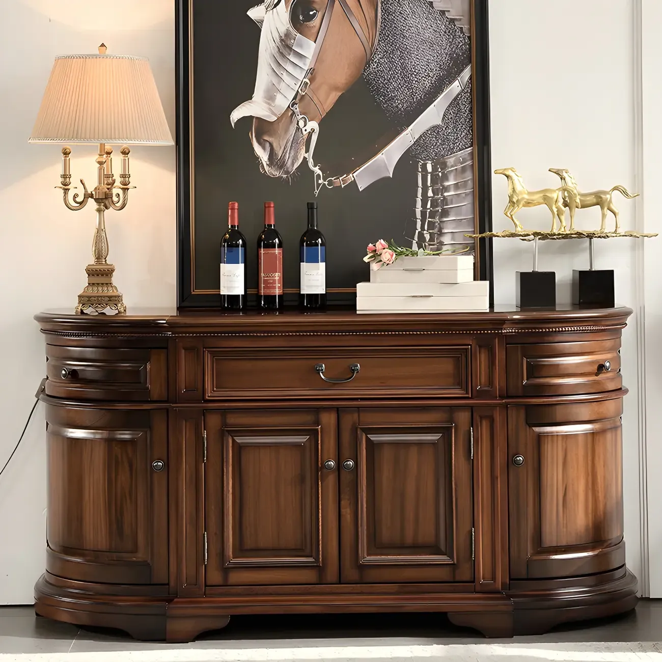 Traditional Brown Wooden Sideboard with Drawers and Cabinets