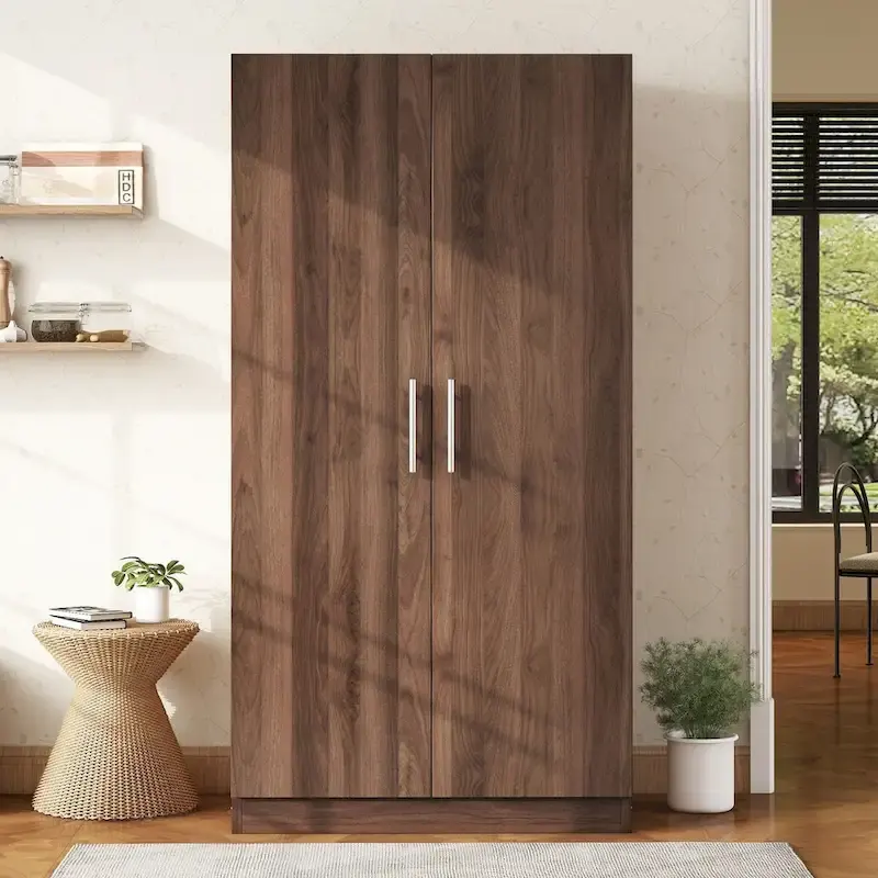 Wooden Wardrobe Armoire with 3 Storage Shelves, Freestanding Bedroom Closet Cabinet