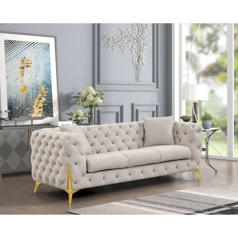 3 Pieces Mid-century Modern Buckle Fabric Living Room Sofa Set Sectional