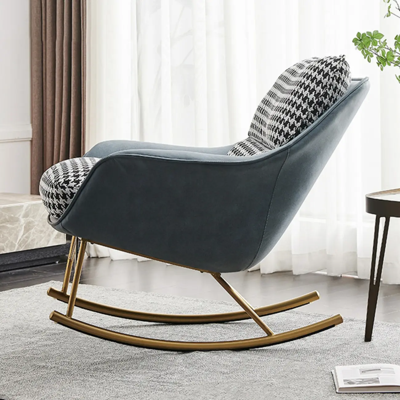 Houndstooth Upholstered Rocking Chair with Track Arm