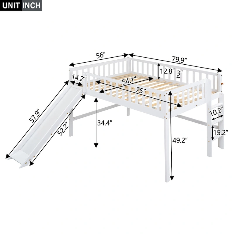 Pine Low Loft Bed with Slide
