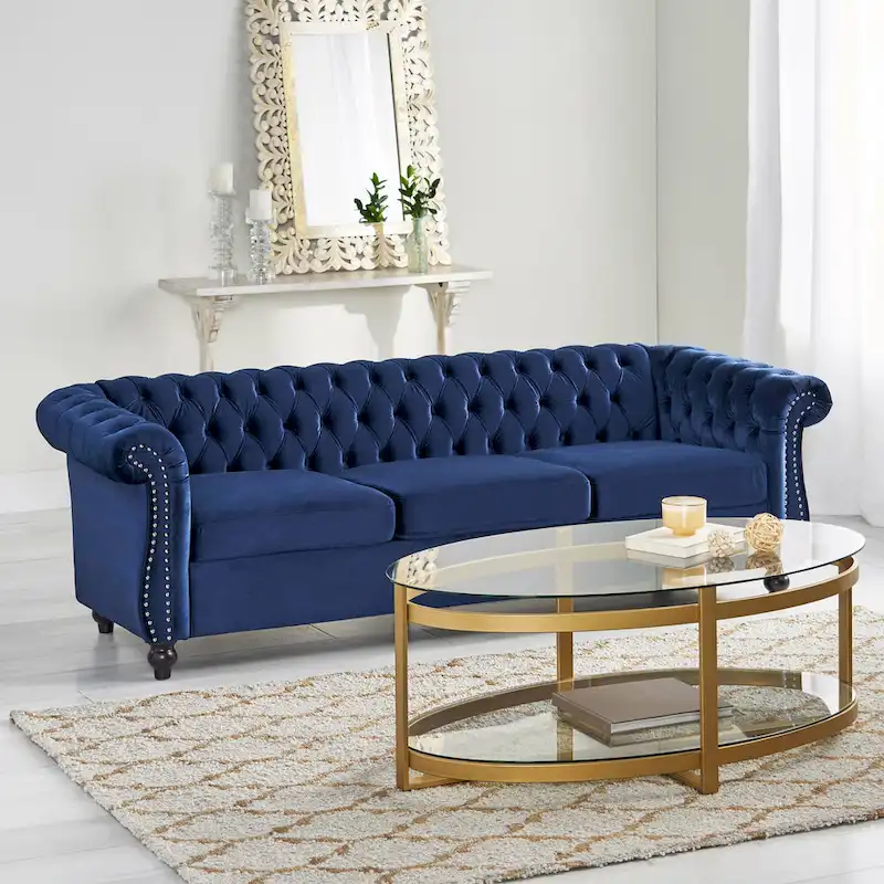 Blue 84.75 Chesterfield Button Tufted 3-Seater Sofa with Nailheads and Legs