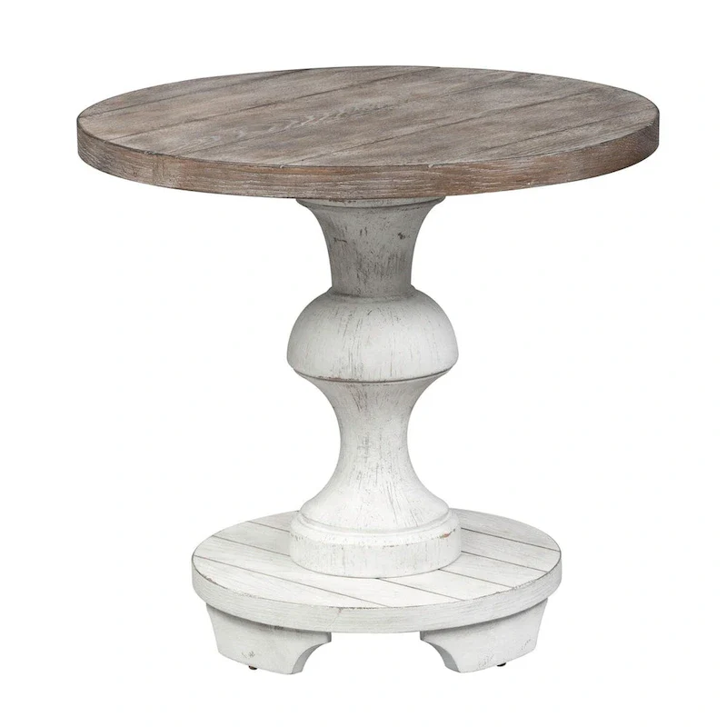 Round End Table – Distressed White, Wood Top, Single