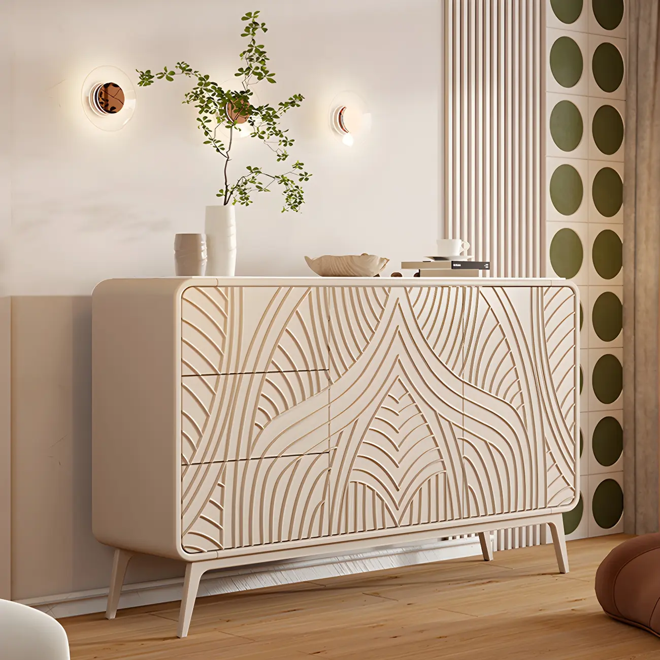 Glam White-Wood Protruding Lines Soft-Close Drawers Dresser