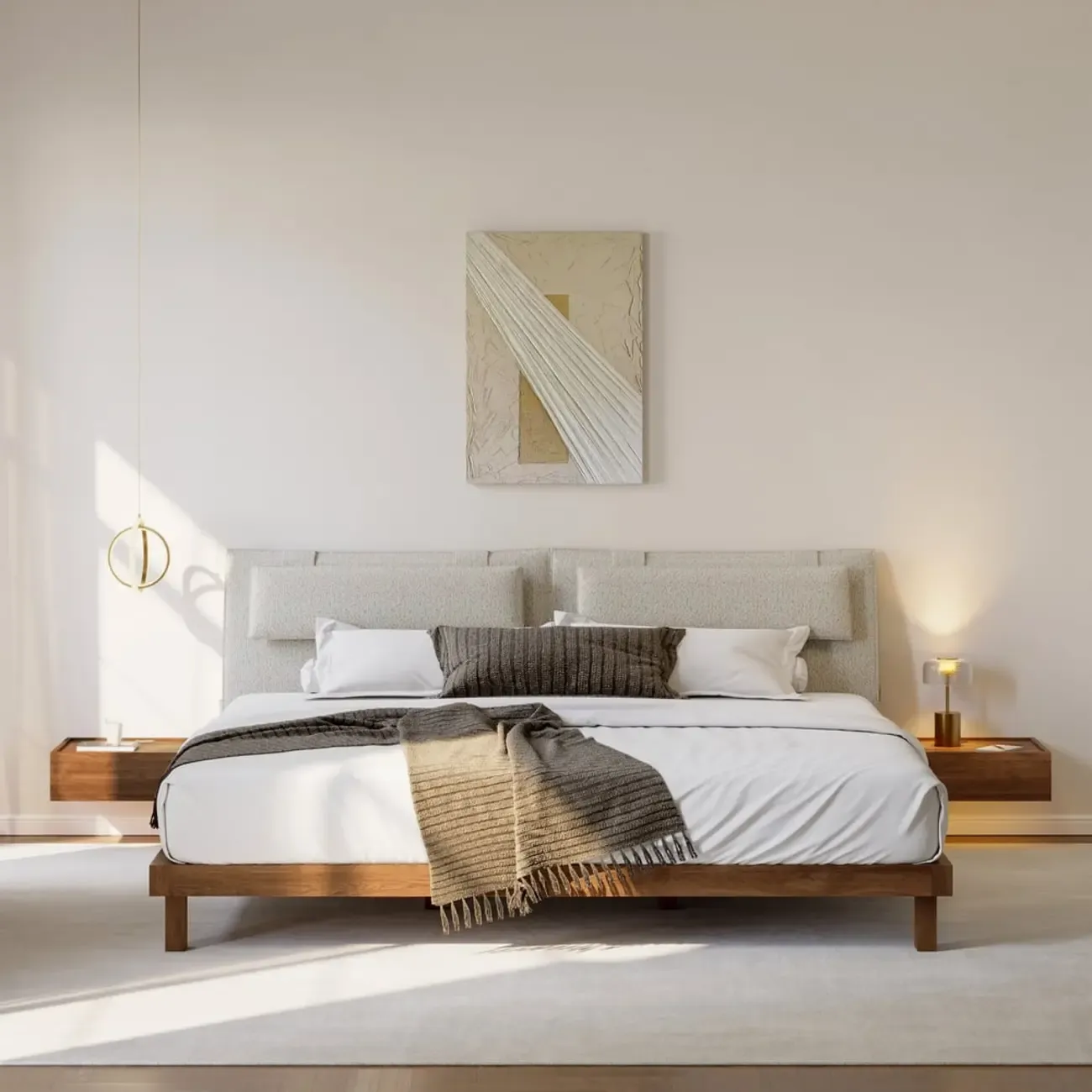 LED Wireless Charging Walnut Floating Nightstand Set of 2