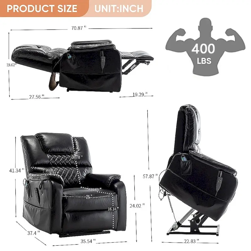 Dual Motor Power Lift Recliner, Brown/Yellow/Black, Heat & Massage, 180°, Seats 1