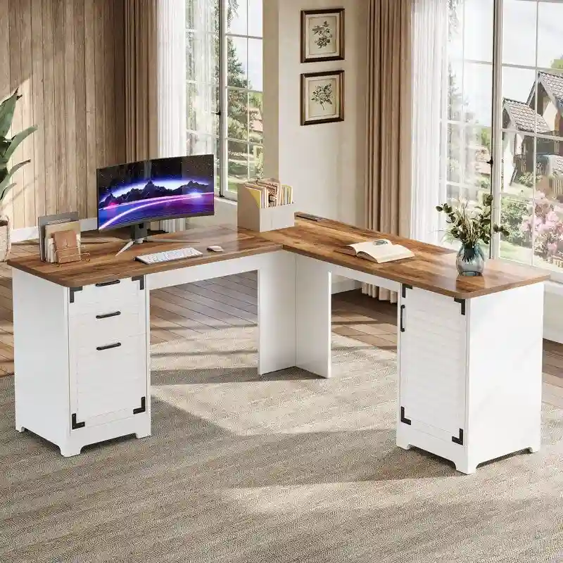 L Shaped Executive Computer Desk with Power Outlets and Type-C & USB Ports