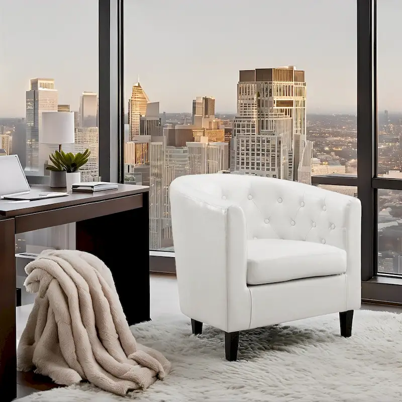 Accent Chair, Button Tufted Faux Leather Barrel Chair, Midcentury Modern Accent Chair, Comfy Armchair, Tub Barrel Chairs