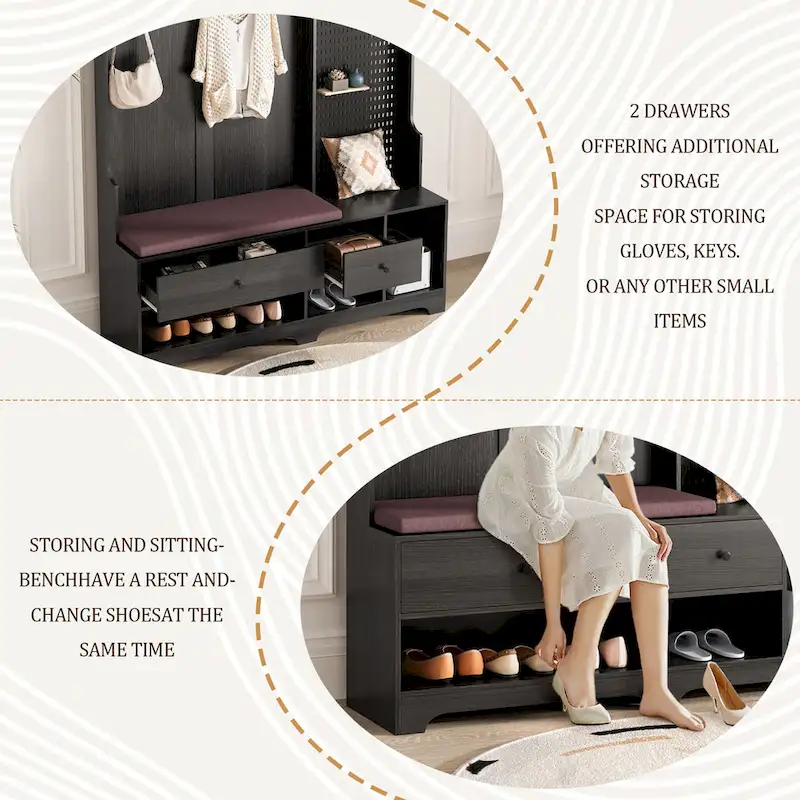 Hall Tree with Shoe Bench, Coat Rack, Shelves and Pegboard