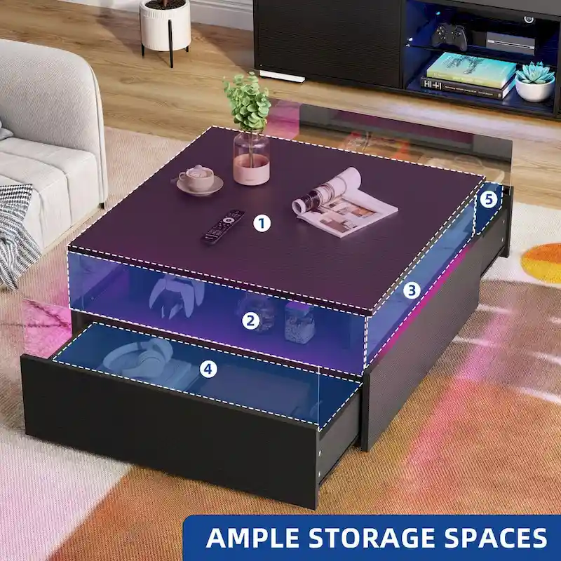 Moasis Modern Square Coffee Table with Drawers & LED Light, Acrylic and Wood Center Table