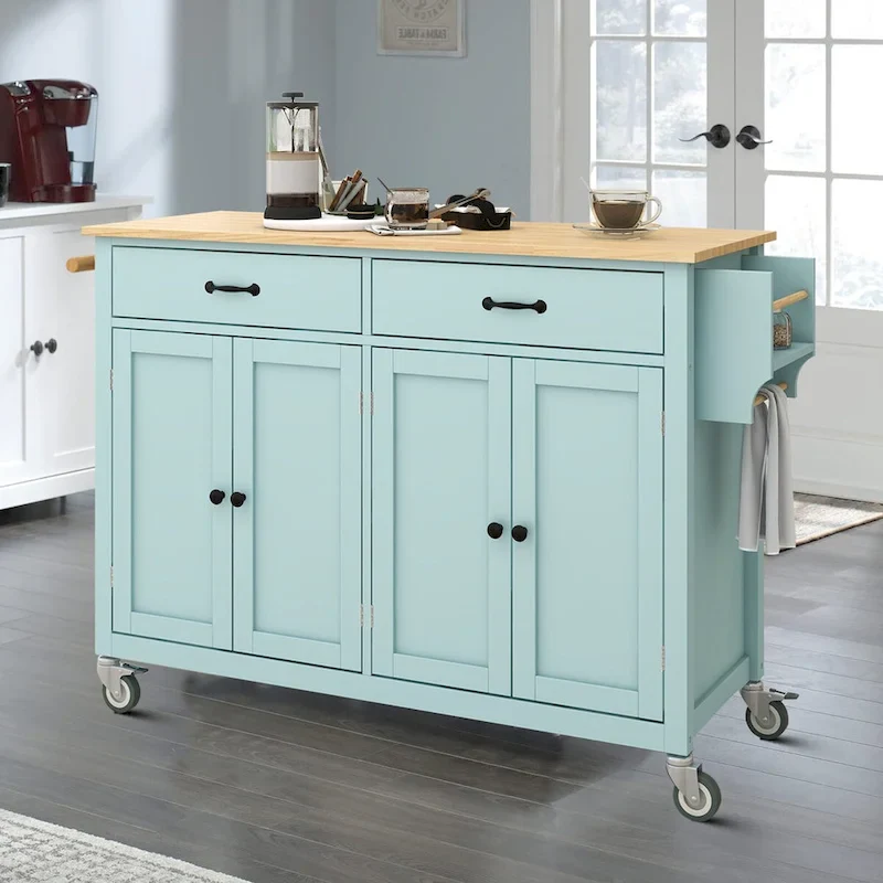 Classic Wooden Kitchen Island Cart with 2 Drawers, 2 Cabinets, a Towel Rack and a Spice Rack