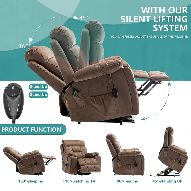 Power Lift Recliner, Massage & Heat, Velvet, 8-Point Massage, Cup Holder, Reclines 160°, Seats 1, Light/Dark Brown