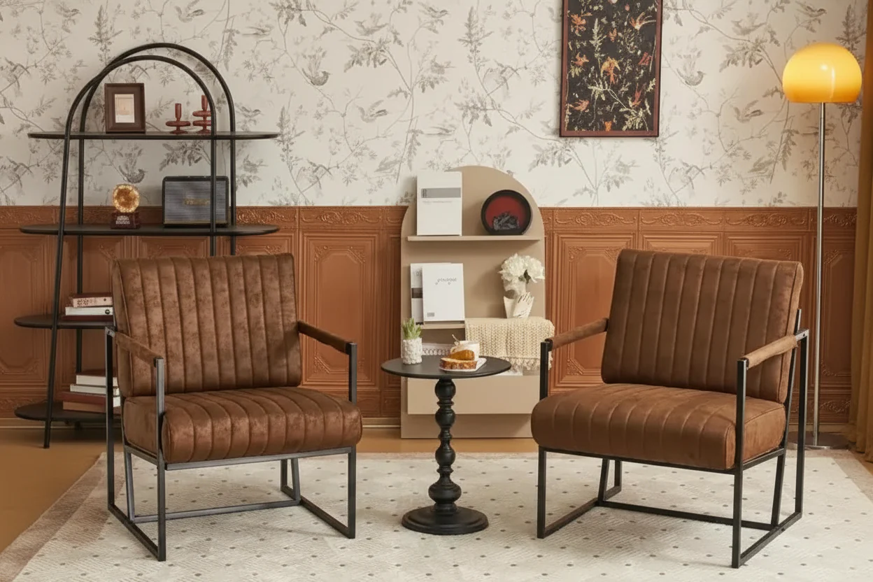 Mid Century  Accent Chair with Metal Frame, PU Leather Single Sofa, Reading Armchair for Living Room, Bedroom, Cafe