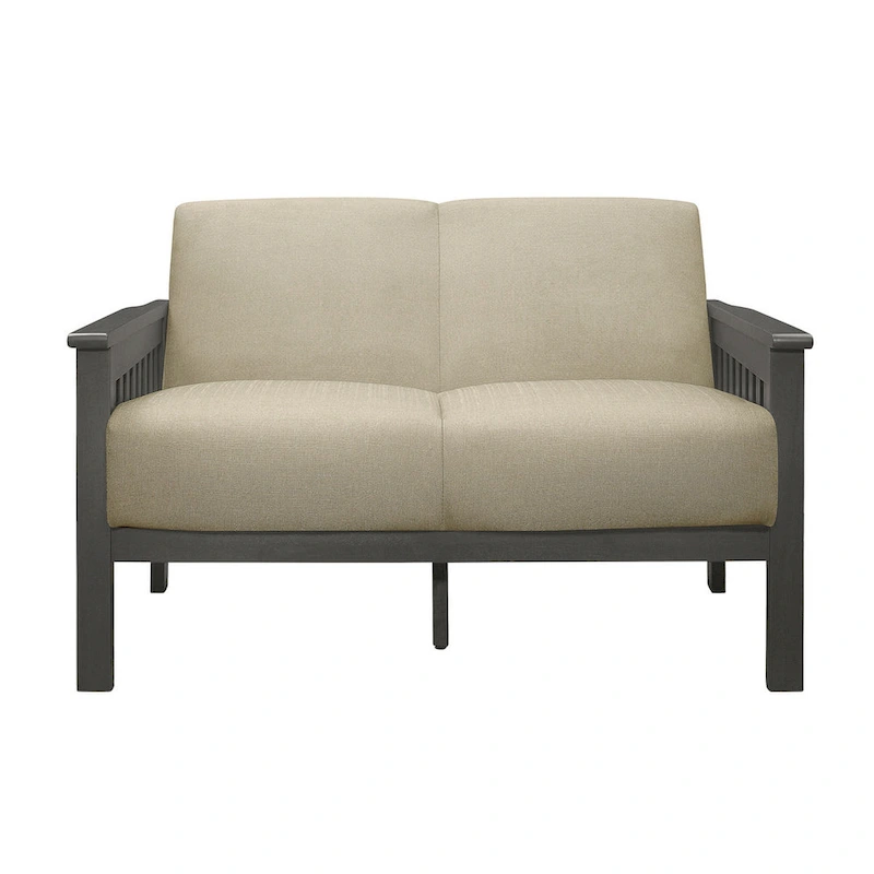 Wiston 50 Inch Loveseat, Beige Polyester, Dark Gray Solid Rubberwood