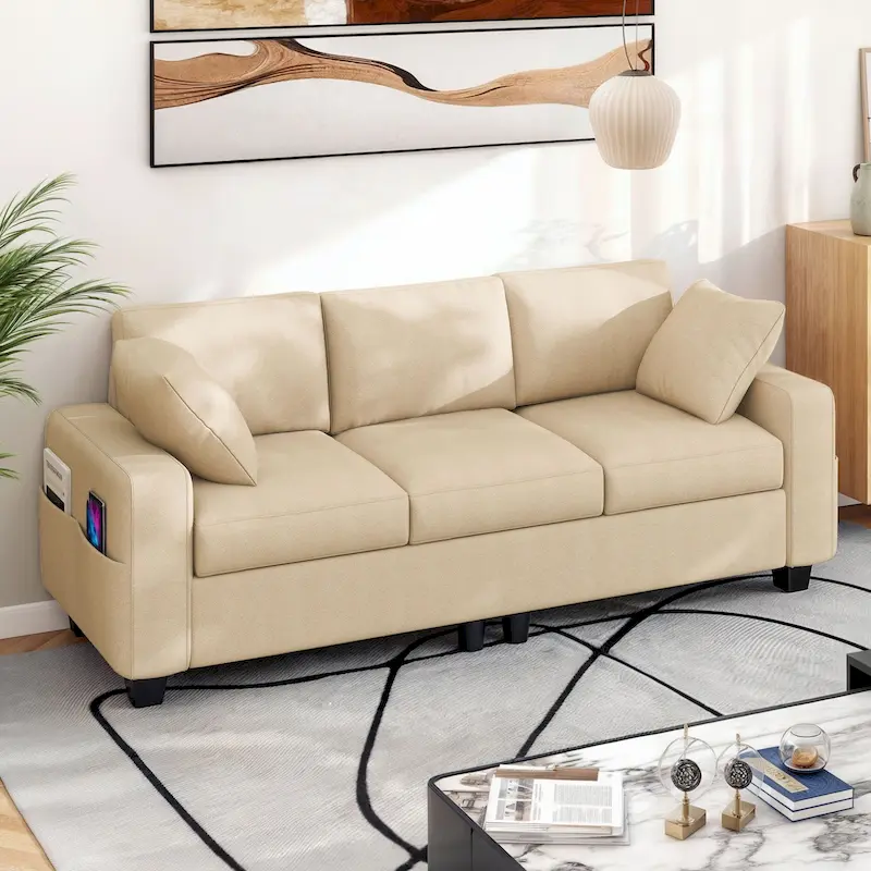 Moasis 80 3-seater Upholstered Sofa 2 Pillows Couches with Side Pockets for Living Room