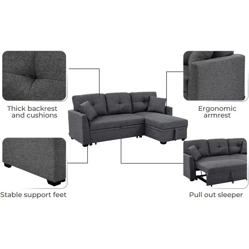 MooxvMoo 86 Modern Sleeper Sectional with Reversible Chaise, 3-Seater Convertible L-Shaped Sofa Bed, Pull-Out Couch in Linen-Like Fabric, Gray