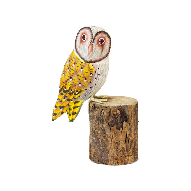 Wooden Hand Carved Yellow Barn Owl Standing on Log Statue Bird Figurine Sculpture Art Home Decor Handcrafted Decoration Handmade