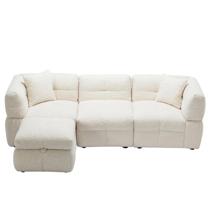 87.7 Sectional Sofa Cozy Teddy Fleece Fabric Sectional Sofa Couch