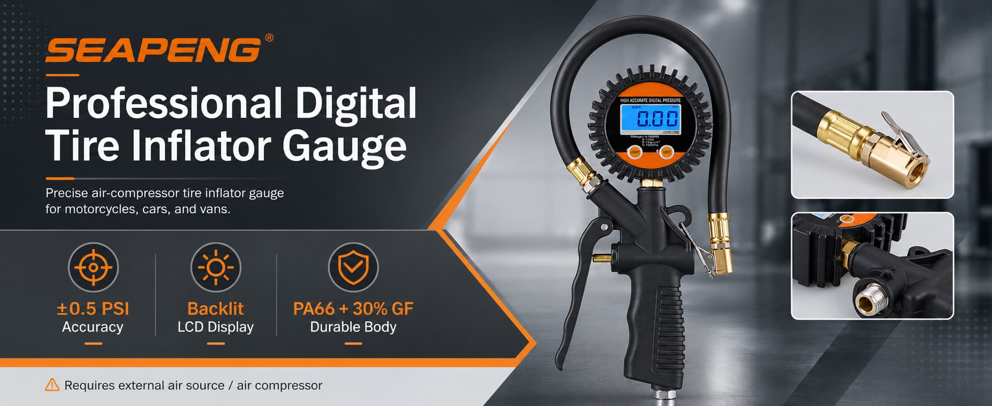 SEAPENG DP-201 digital tire pressure gauge with LCD display and multiple pressure units