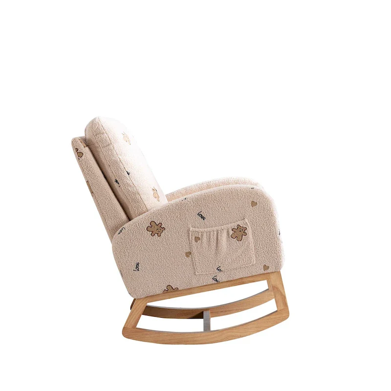 Modern Upholstered Rocker Armchair With Side Pocket, High Back Wooden Nursery Chair