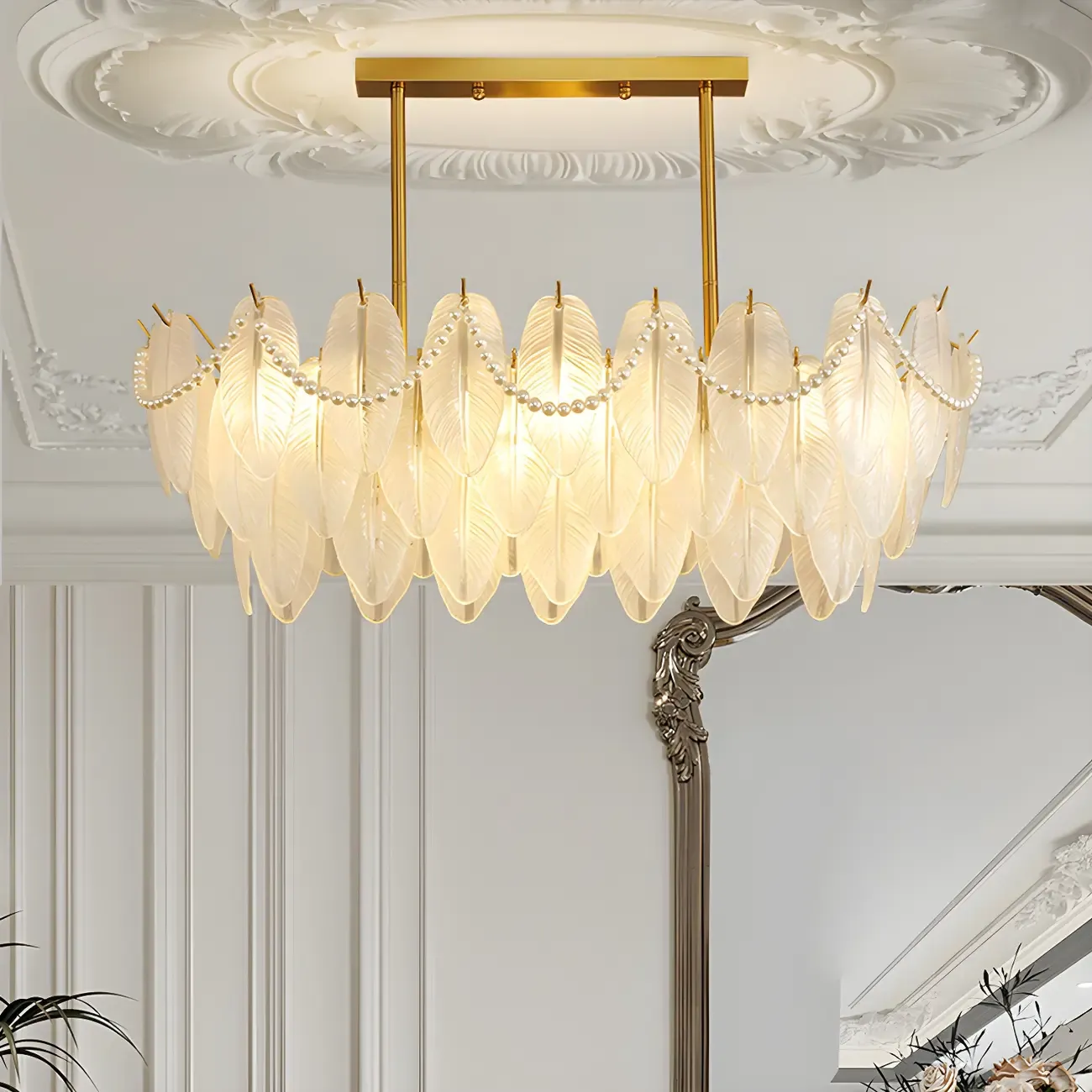 Adjustable Modern Glass Feather Island Chandelier in Gold