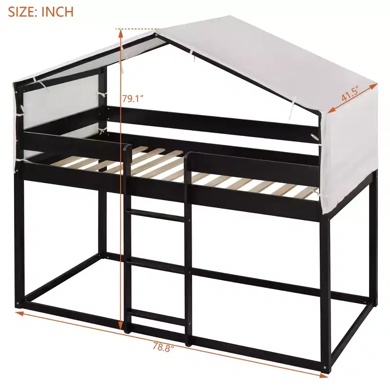 CLIHOME Rustic Twin Over Twin Wood Bunk Bed Frame with Tent and Ladder