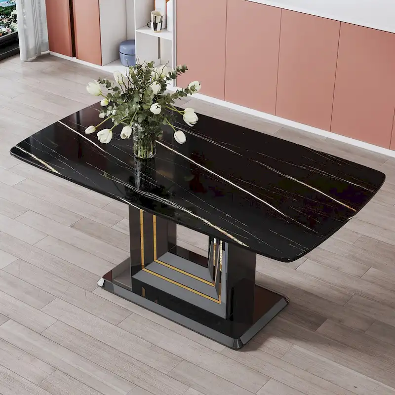 Dining table. Black imitation marble pattern desktop. Black MDF table legs, gold lines, black base
