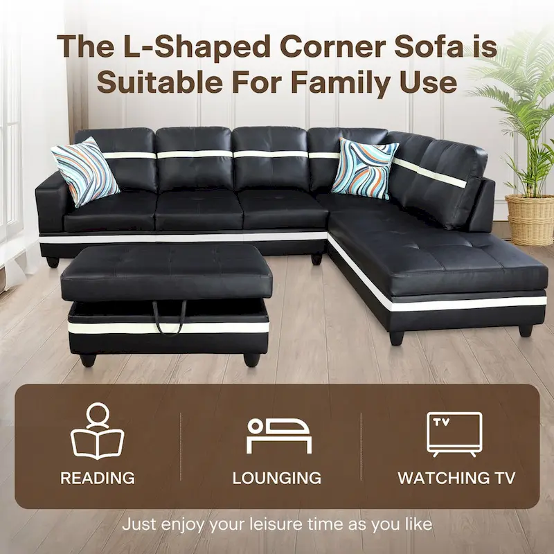 L-Shape Semi PU Leather Living Room Sofa Set with Ottoman,3-Piece