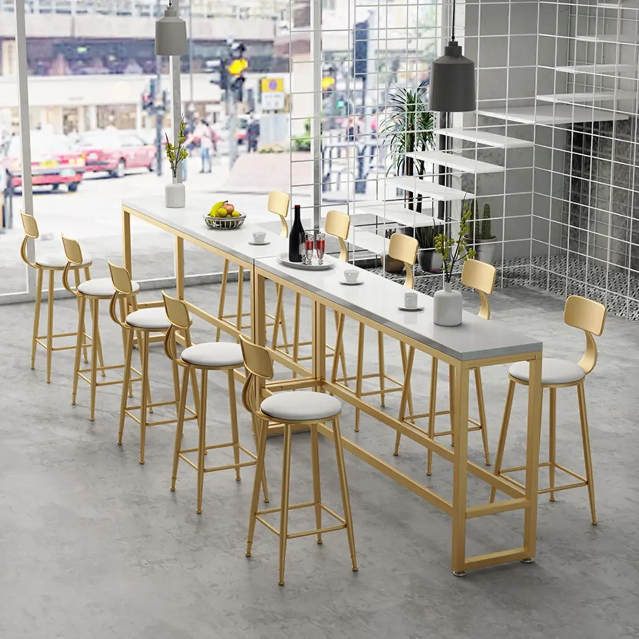 Modern Rectangle Marble Top Bar Table Gold Base with Footrest