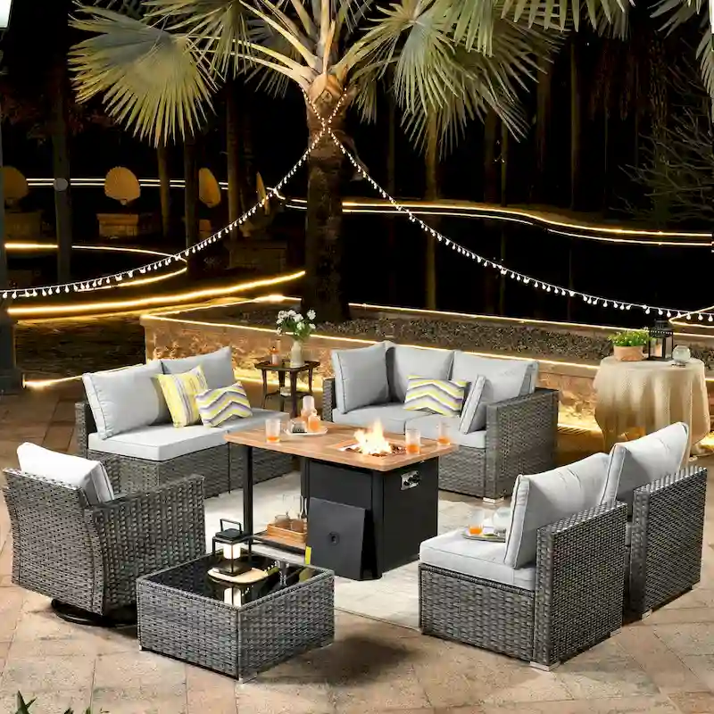 HOOOWOOO 10-piece Grey Rattan Patio Furniture Set with Fire Pit