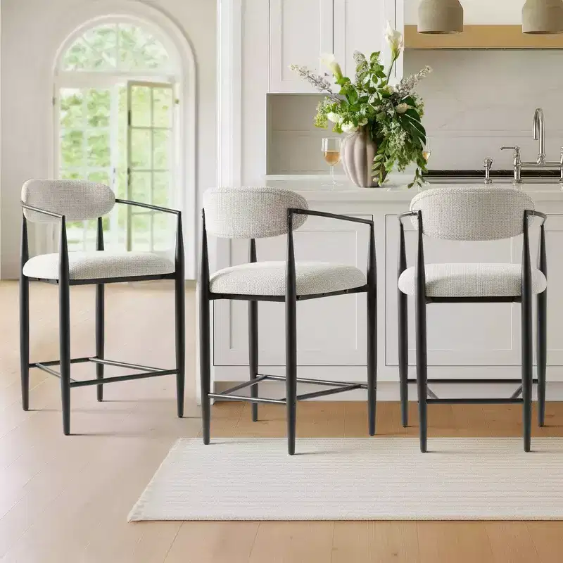 Set of 3 Upholstered Counter Height Bar Stools, Beige/Black, Tapered Metal Legs