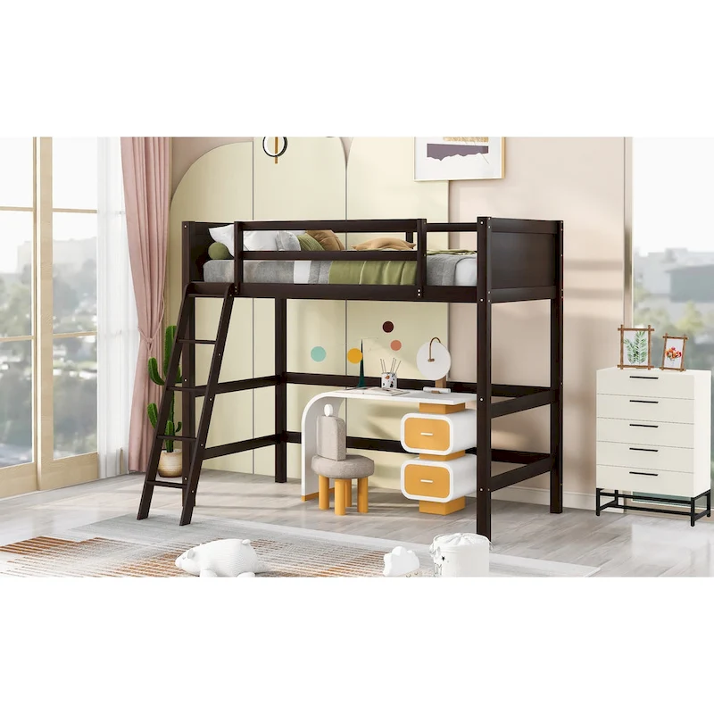 Espresso Twin Size Solid Wood Loft Bed with Ladder and Fence for Bedroom, Boys and Girls