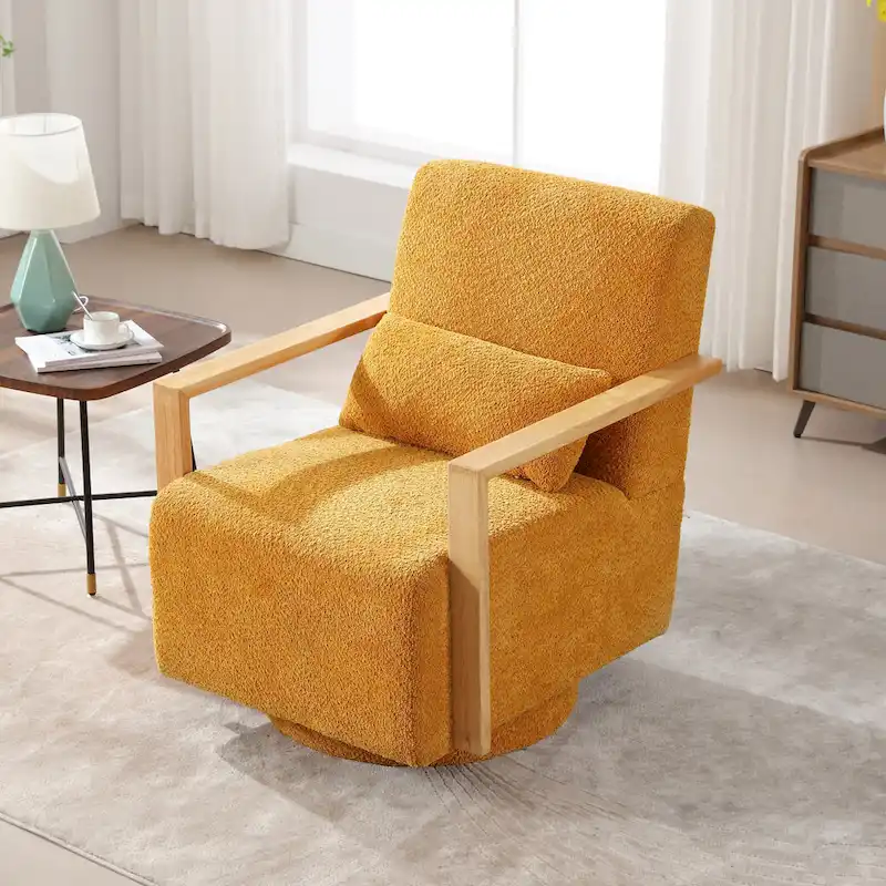 Boucle Swivel Armchair with Pillow, Mid-Century, 360° Swivel, Foam & Spring Cushion, Seats 1, 10 Colors