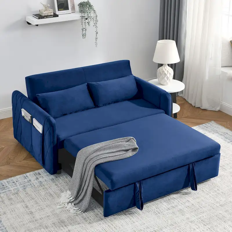 Modern Convertible Velvet Loveseat Sofa Sleeper Sofa Bed with 2 Pillows