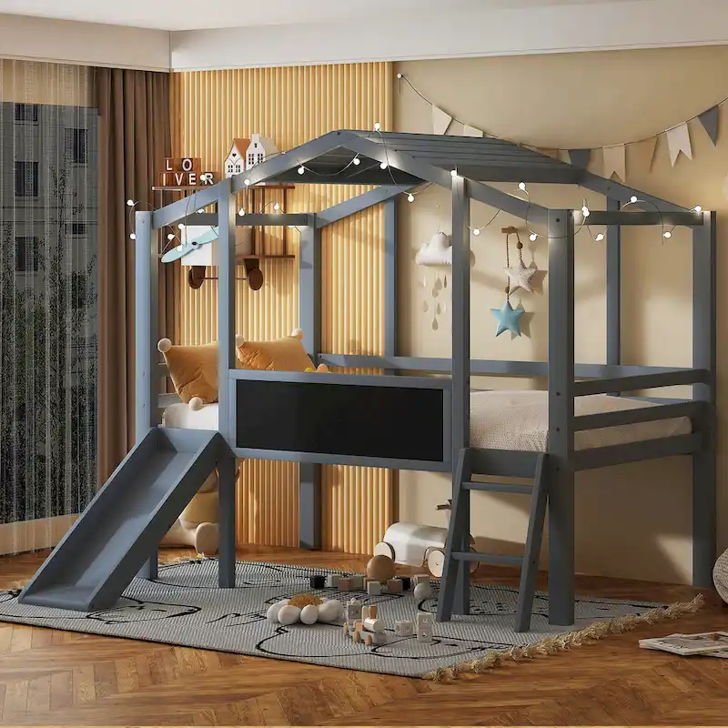 Twin Size Loft Bed with Ladder and Slide