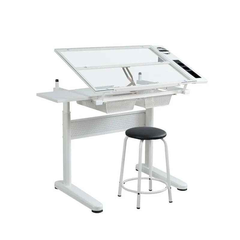 Hand Crank Adjustable Drafting Drawing Table with Stool and 2 Drawers