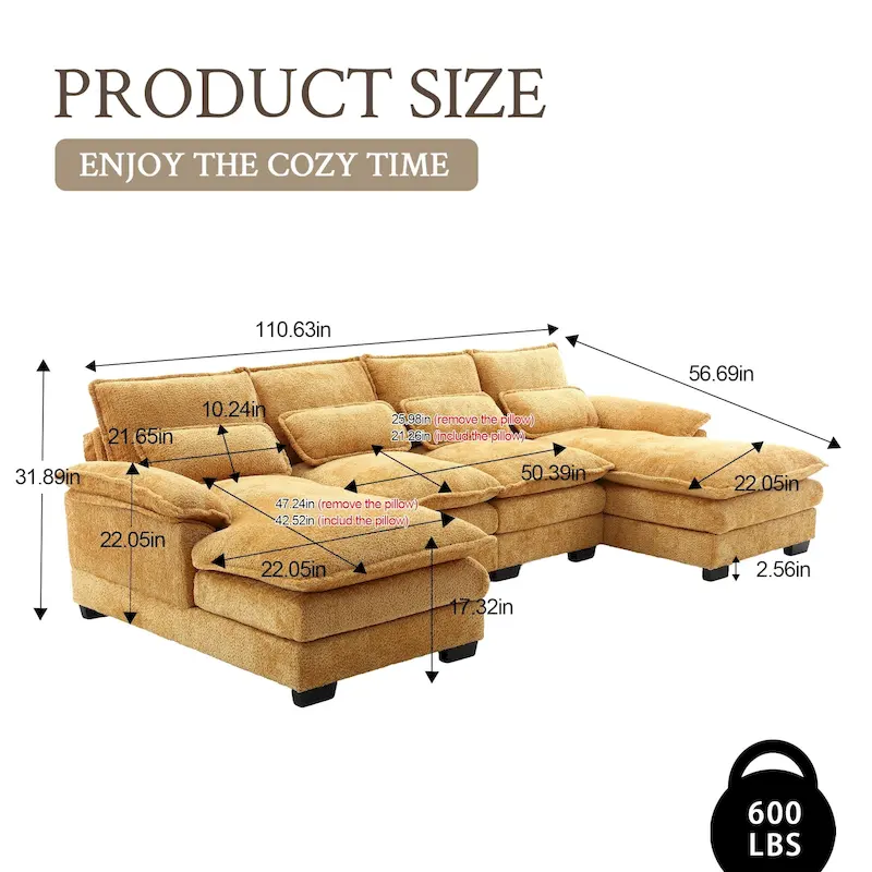 Chenille Upholstered U-Shaped Living Room Sectional Sofa With Wooden Legs
