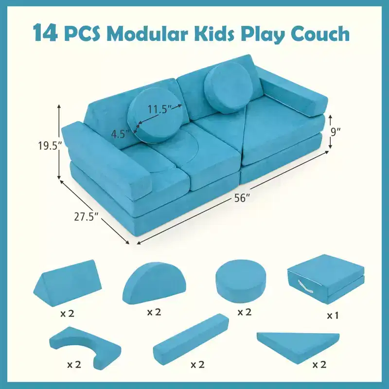 Costway 14 PCS Modular Kids Play Couch Child Sectional Sofa Toddler Soft Playset Blue/Gray/Yellow