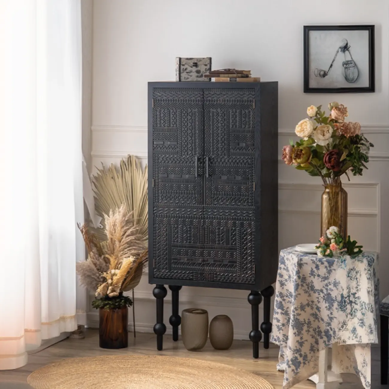 Artistic Pattern Wood Black Cabinet Sideboard in 3-Shelf